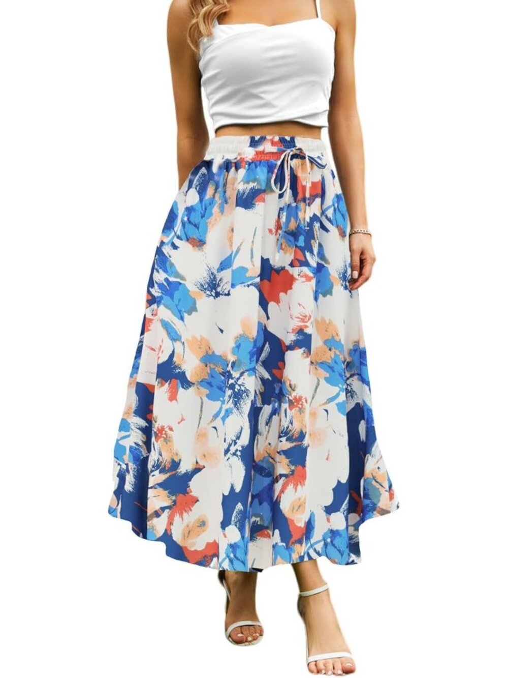 Women Blue/Orange Floral Boho High Waisted Flowy Elastic Waist Pocket Midi Skirt